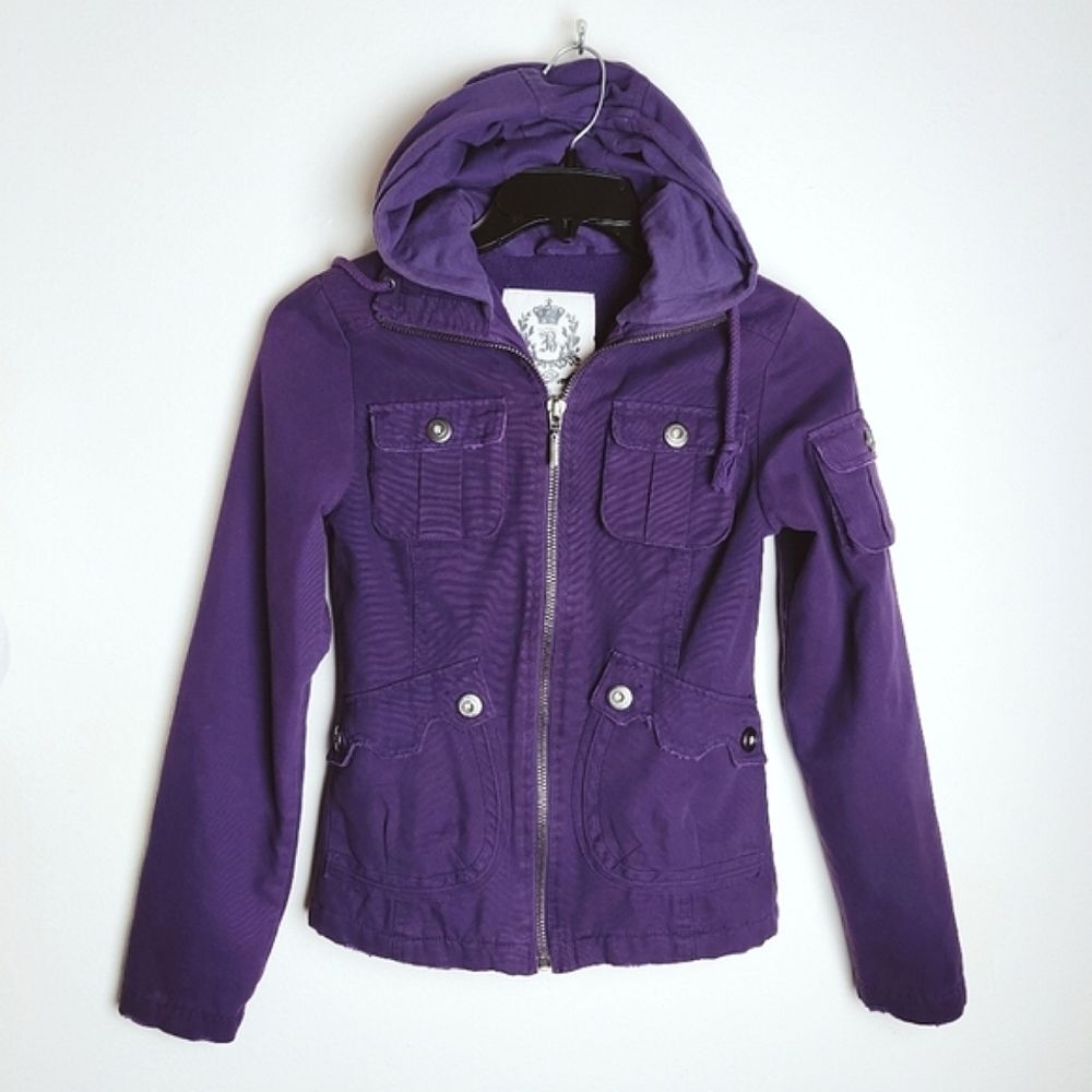 Rare BB Dakota Twilight Bella Purple Distressed Canvas Hooded Utility Jacket, XS
